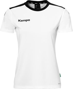Weißes Kempa-T-Shirt mit schwarzem Kragen und Markenlogo auf der Brust.