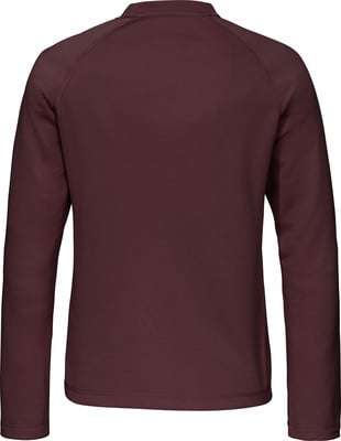 Rückansicht eines dunkelweinfarbenen Langarmshirts mit Raglanärmeln. Rückansicht eines dunkelweinfarbenen Langarmshirts mit Raglanärmeln.