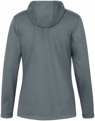 Rückansicht einer dunkelgrauen Damenjacke mit Kapuze. Rückansicht einer dunkelgrauen Damenjacke mit Kapuze.