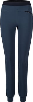 Blaue Damenhose mit schwarzem Bund und Reißverschlusstasche.