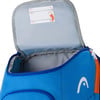Blauer Rucksack mit orangefarbenem Reißverschluss und weißem Markenlogo.