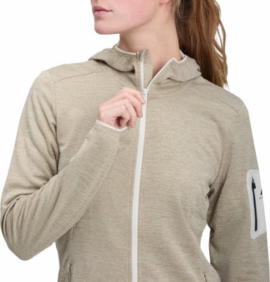 Detail einer Damen-Kapuzenjacke, Reißverschluss, beige Farbe.