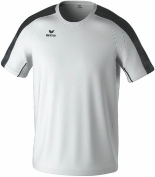 Weißes T-Shirt mit kurzen Ärmeln und schwarzen Einsätzen an Schultern und Ärmeln.