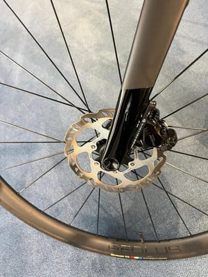 Detail einer vorderen Scheibenbremse eines Fahrrads mit schwarzer Gabel.