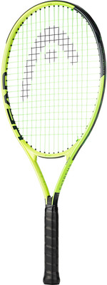 HEAD Extreme Tennisschläger mit schwarzem Griffband und grünen Saiten. HEAD Extreme Tennisschläger mit schwarzem Griffband und grünen Saiten.