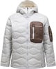 Graue Peak Performance Daunenjacke mit brauner Brusttasche und Kapuze.