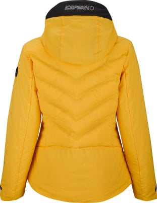 Gelbe Daunenjacke mit Kapuze und schwarzem ICEPEAK-Logo auf dem Rücken.
