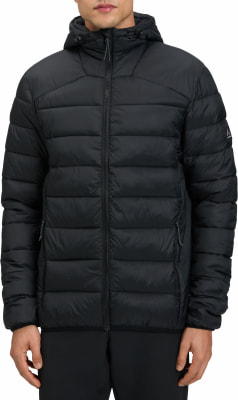 Schwarze Daunenjacke mit Kapuze und Reißverschluss.