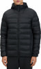 Schwarze Daunenjacke mit Kapuze und Reißverschluss.
