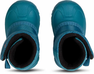 Zwei tealfarbene Winterstiefel für Kinder, von oben gezeigt. Zwei tealfarbene Winterstiefel für Kinder, von oben gezeigt.