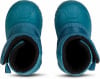 Zwei tealfarbene Winterstiefel für Kinder, von oben gezeigt.