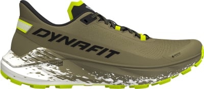 Khakifarbener Trailrunning-Schuh mit neongrünen Akzenten und Aufdruck. Khakifarbener Trailrunning-Schuh mit neongrünen Akzenten und Aufdruck.