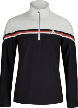 Damen-Pullover schwarz mit weißem Kragen und Streifen.