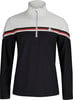 Damen-Pullover schwarz mit weißem Kragen und Streifen.