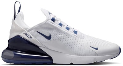 Fehér Nike Air Max 270 cipő sötétkék részletekkel és Swoosh logóval. Fehér Nike Air Max 270 cipő sötétkék részletekkel és Swoosh logóval.