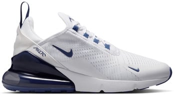 Fehér Nike Air Max 270 cipő sötétkék részletekkel és Swoosh logóval.