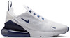 Fehér Nike Air Max 270 cipő sötétkék részletekkel és Swoosh logóval.