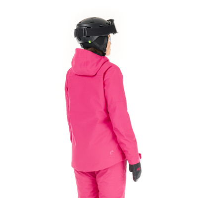 Damen-Skijacke in Pink mit Kapuze und schwarzem Helm. Damen-Skijacke in Pink mit Kapuze und schwarzem Helm.