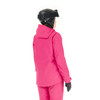 Damen-Skijacke in Pink mit Kapuze und schwarzem Helm.