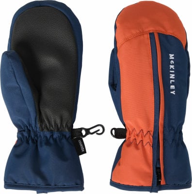 Blaue und orangefarbene Fäustlinge mit schwarzer Handfläche und McKinley-Logo. Blaue und orangefarbene Fäustlinge mit schwarzer Handfläche und McKinley-Logo.