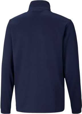 Rückansicht einer dunkelblauen Jacke mit langen Ärmeln und Stehkragen. Rückansicht einer dunkelblauen Jacke mit langen Ärmeln und Stehkragen.
