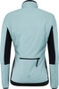 Rückseite einer hellblauen Jacke mit schwarzen Ärmeleinsätzen und Reißverschluss.