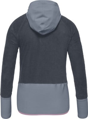 Rückansicht einer dunkelgrauen Fleecejacke mit Kapuze und hellgrauen Einsätzen. Rückansicht einer dunkelgrauen Fleecejacke mit Kapuze und hellgrauen Einsätzen.