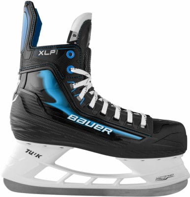 Ein Bauer XLP 2.0 Eishockey-Schlittschuh mit blauen Akzenten.