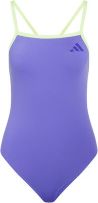 Violetter Adidas Badeanzug mit limettengrünen Bändern und Logo. Violetter Adidas Badeanzug mit limettengrünen Bändern und Logo.