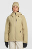 Damen-Khakifarbene Jacke mit Kapuze und schwarzen Handschuhen, vor grauem Hintergrund.
