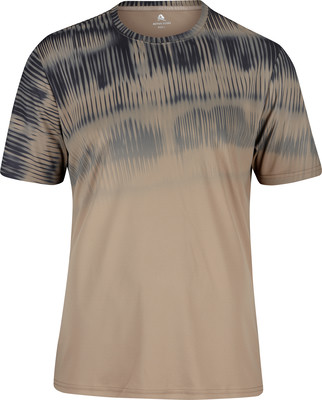 Beiges T-Shirt mit schwarzem Tie-Dye-Print im oberen Bereich. Beiges T-Shirt mit schwarzem Tie-Dye-Print im oberen Bereich.