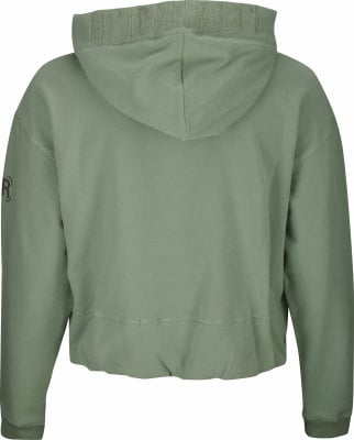Grüner Damen-Hoodie mit Kapuze und Logo am Ärmel.