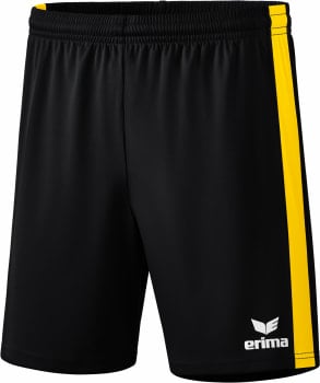 Schwarze Shorts mit gelbem Seitenstreifen und Erima-Logo.