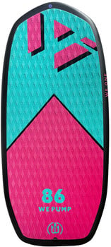 Surfbrett mit pink-türkisem Design und der Nummer 86.