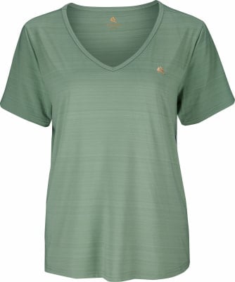 Grünes Damen-T-Shirt mit kurzen Ärmeln und V-Ausschnitt.