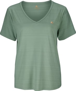 Grünes Damen-T-Shirt mit kurzen Ärmeln und V-Ausschnitt.