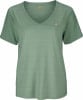 Grünes Damen-T-Shirt mit kurzen Ärmeln und V-Ausschnitt.