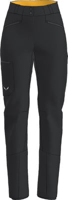 Schwarze Outdoorhose mit gelbem Bund und Salewa-Logo.