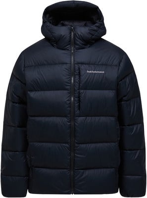 Dunkelblaue Daunenjacke mit Kapuze und Peak Performance Logo.