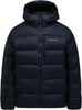 Dunkelblaue Daunenjacke mit Kapuze und Peak Performance Logo.