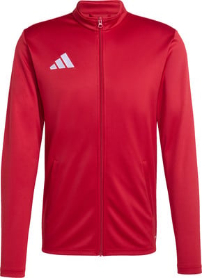 Rote Jacke mit weißem Adidas-Logo auf der linken Brust. Rote Jacke mit weißem Adidas-Logo auf der linken Brust.