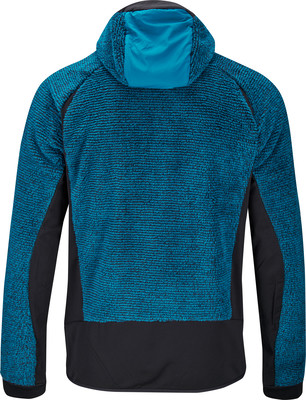 Rückseite einer blauen Fleecejacke mit Kapuze und schwarzen Einsätzen. Rückseite einer blauen Fleecejacke mit Kapuze und schwarzen Einsätzen.