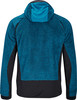 Rückseite einer blauen Fleecejacke mit Kapuze und schwarzen Einsätzen.