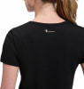 Rückansicht eines schwarzen Damen-T-Shirts mit Merino-Woll-Logo.