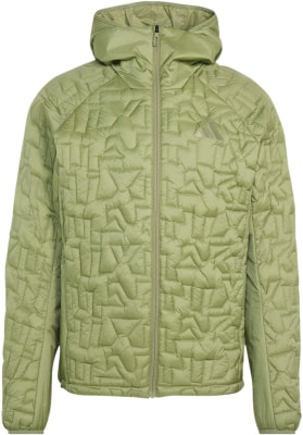 Grüne Steppjacke mit Kapuze und durchgehendem Muster.