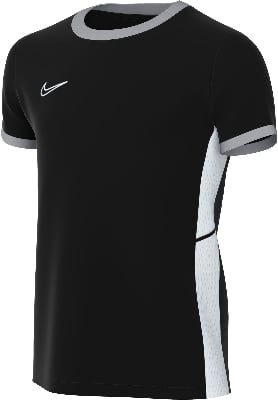 Schwarzes Nike-T-Shirt mit grauem Kragen und weißen Seitenteilen.