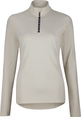 Damen-Top in Beige mit langen Ärmeln und kurzem Reißverschluss am Kragen. Damen-Top in Beige mit langen Ärmeln und kurzem Reißverschluss am Kragen.