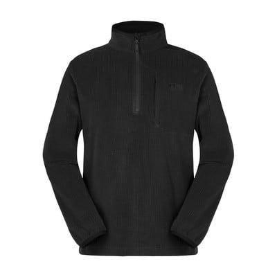 Schwarzer Fleece-Pullover mit Reißverschluss am Kragen und Tasche. Schwarzer Fleece-Pullover mit Reißverschluss am Kragen und Tasche.
