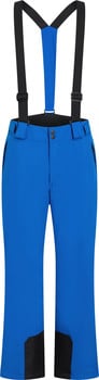 Blaue Skihose mit schwarzen Hosenträgern und schwarzen Einsätzen an den Beinabschlüssen.