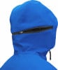 Blaue Jacke mit Kapuze und Reißverschluss am Hals.